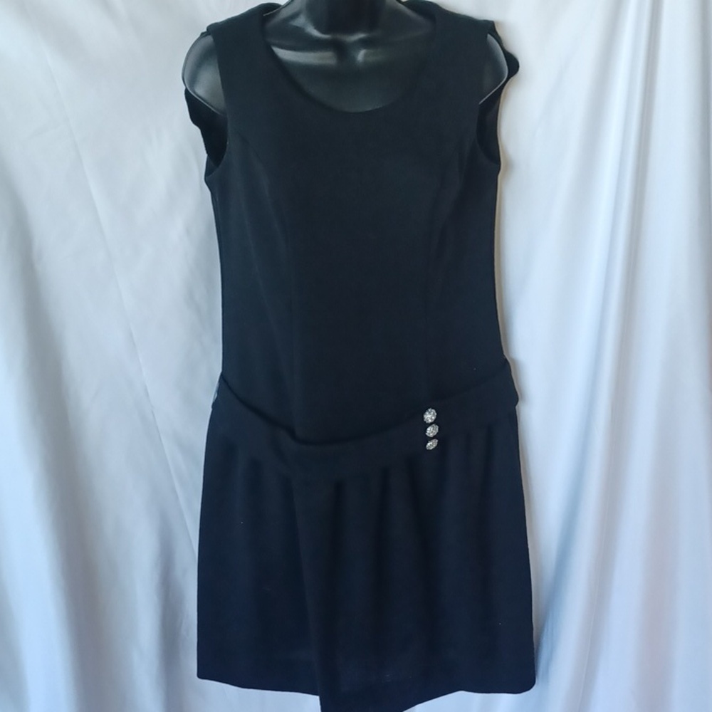 Jonathan Logan Vintage Drop waist, belted Black LBD, Union Made, rhinestones
